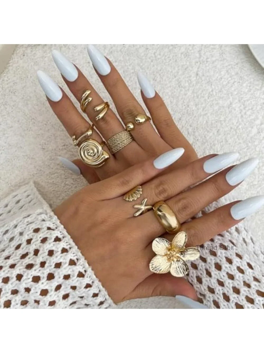 Gold Stacking Rings Set Chunky Floral Starfish Seashell Ring Women Gift